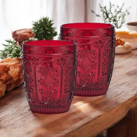 2 Ruby Red Pattern Lowball Old Fashioned Whiskey Double Rocks Tumblers Trestle - Picture 2 of 6